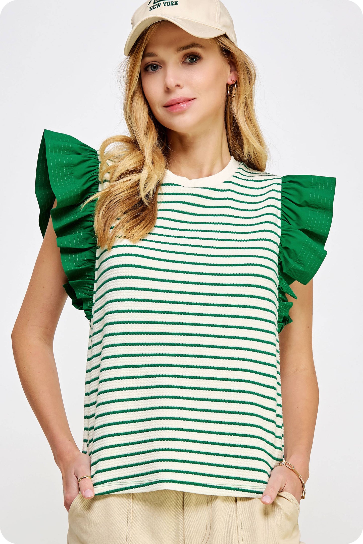 Mixed Media Stripe Top-stitch Knit Top