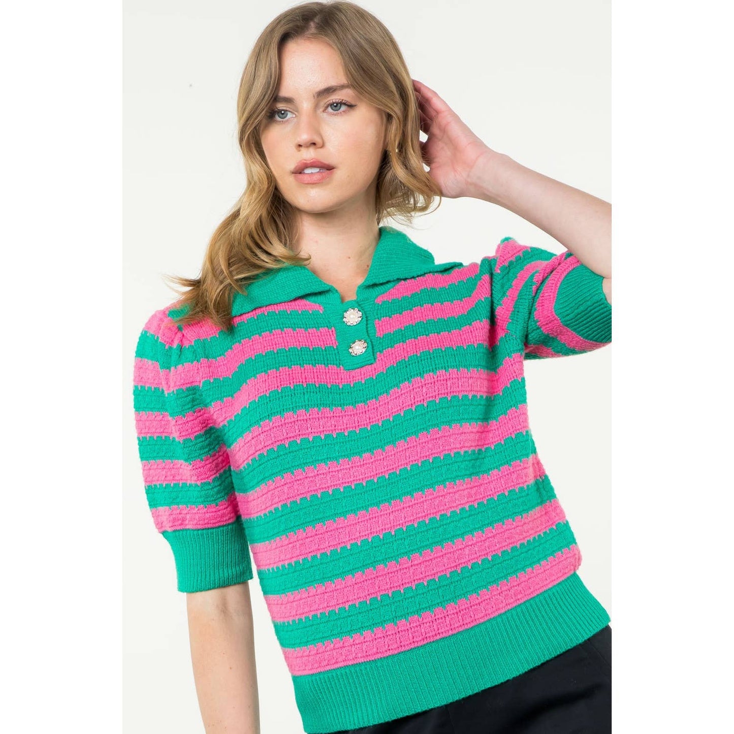 Collared Striped Knit Top