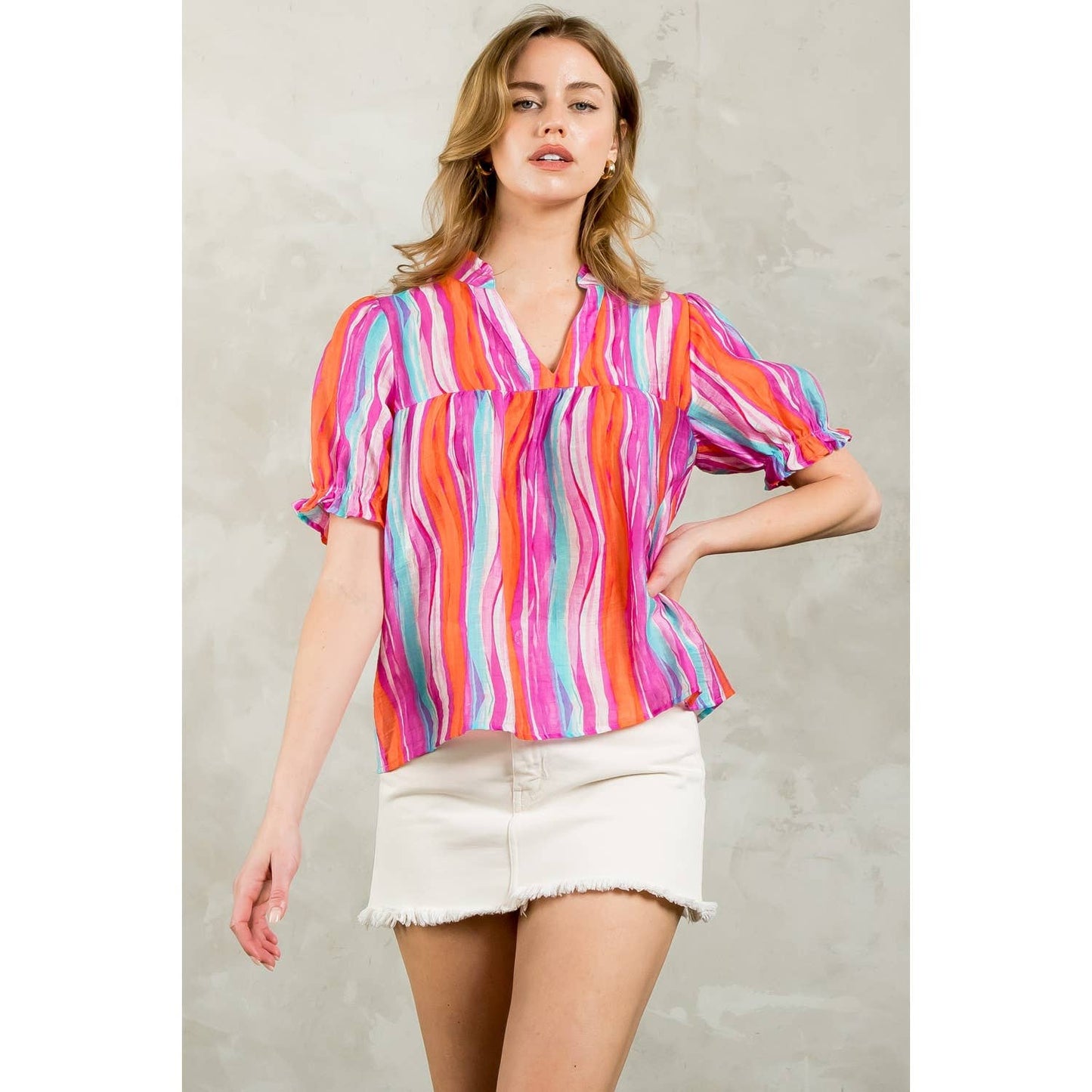 Stripe Print Short Sleeve Top